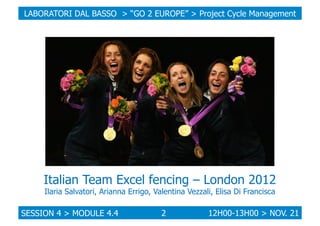 LABORATORI DAL BASSO > “GO 2 EUROPE” > Project Cycle Management

Italian Team Excel fencing – London 2012
Ilaria Salvatori...
