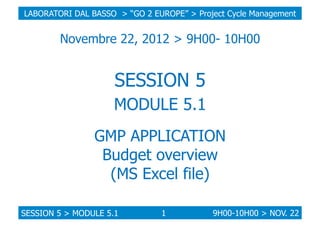 LABORATORI DAL BASSO > “GO 2 EUROPE” > Project Cycle Management

Novembre 22, 2012 > 9H00- 10H00

SESSION 5
MODULE 5.1
GMP...