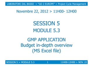 LABORATORI DAL BASSO > “GO 2 EUROPE” > Project Cycle Management

Novembre 22, 2012 > 11H00- 12H00

SESSION 5
MODULE 5.3
GMP APPLICATION
Budget in-depth overview
(MS Excel file)
SESSION 5 > MODULE 5.3

1

11H00-12H00 > NOV. 22

 