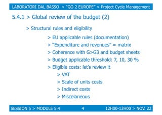 LABORATORI DAL BASSO > “GO 2 EUROPE” > Project Cycle Management

5.4.1 > Global review of the budget (2)
> Structural rules and eligibility
> EU applicable rules (documentation)
> “Expenditure and revenues” = matrix
> Coherence with G>G3 and budget sheets
> Budget applicable threshold: 7, 10, 30 %
> Eligible costs: let’s review it
> VAT
> Scale of units costs
> Indirect costs
> Miscelaneous
SESSION 5 > MODULE 5.4

4

12H00-13H00 > NOV. 22

 