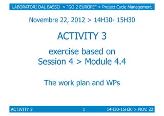 LABORATORI DAL BASSO > “GO 2 EUROPE” > Project Cycle Management

Novembre 22, 2012 > 14H30- 15H30

ACTIVITY 3
exercise based on
Session 4 > Module 4.4
The work plan and WPs

ACTIVITY 3

1

14H30-15H30 > NOV. 22

 