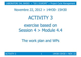 LABORATORI DAL BASSO > “GO 2 EUROPE” > Project Cycle Management

Novembre 22, 2012 > 14H30- 15H30

ACTIVITY 3
exercise bas...