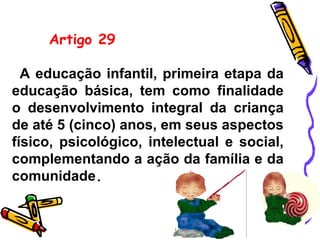 Artigo 29
A educação infantil, primeira etapa da
educação básica, tem como finalidade
o desenvolvimento integral da criança
de até 5 (cinco) anos, em seus aspectos
físico, psicológico, intelectual e social,
complementando a ação da família e da
comunidade.
 