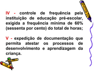 IV - controle de frequência pela
instituição de educação pré-escolar,
exigida a frequência mínima de 60%
(sessenta por cento) do total de horas;
V - expedição de documentação que
permita atestar os processos de
desenvolvimento e aprendizagem da
criança.
 