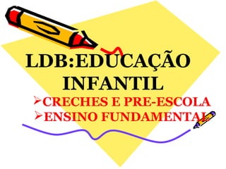LDB:EDUCAÇÃO
INFANTIL
CRECHES E PRE-ESCOLA
ENSINO FUNDAMENTAL
 