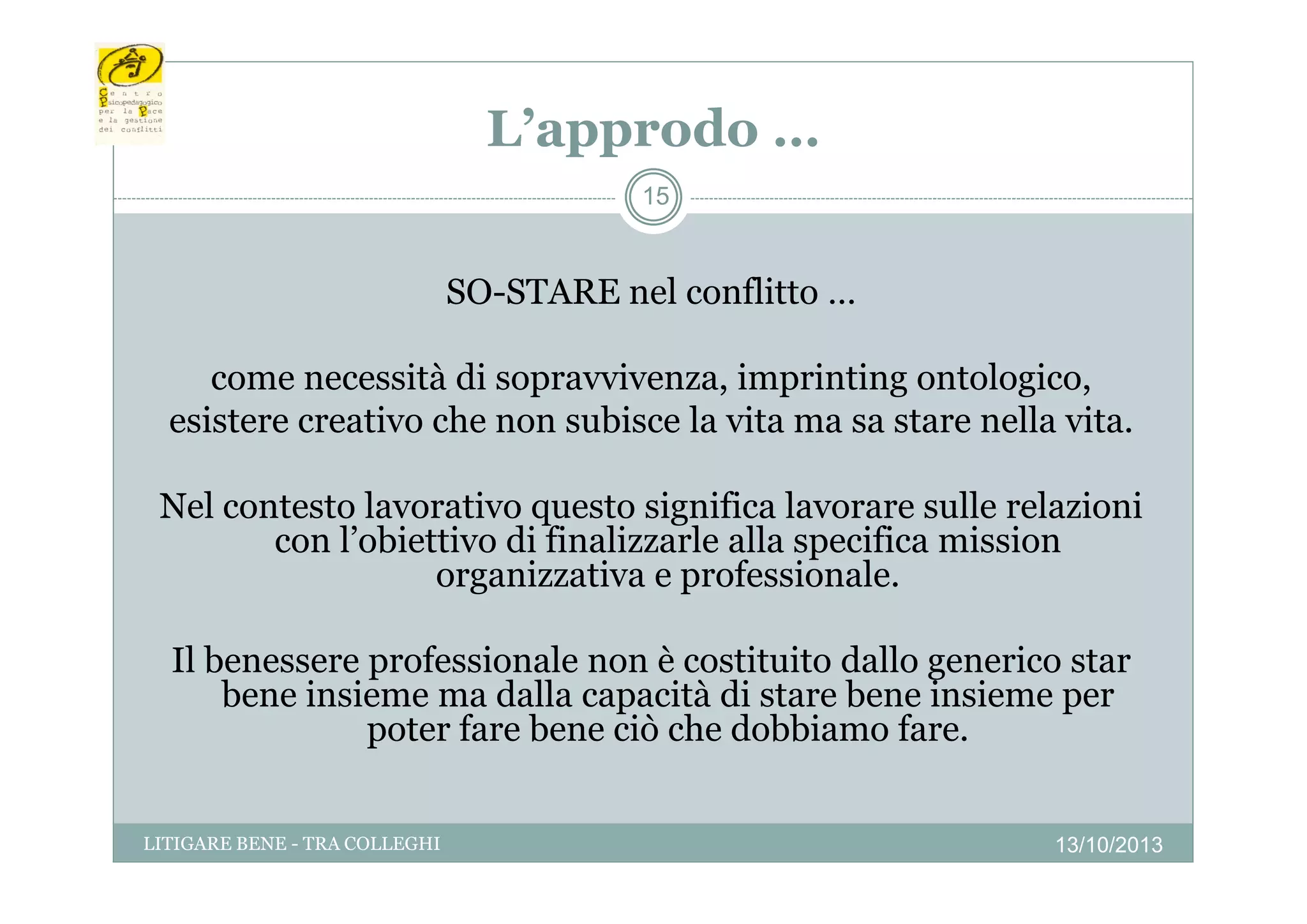 L’approdo …
pp
15

SO-STARE nel conflitto …
come necessità di sopravvivenza, imprinting ontologico,
esistere creativo che non subisce la vita ma sa stare nella vita.
Nel contesto lavorativo questo significa lavorare sulle relazioni
con l’obiettivo di finalizzarle alla specifica mission
organizzativa e professionale.
i ti
f i
l
Il benessere professionale non è costituito dallo generico star
bene insieme ma dalla capacità di stare bene insieme per
poter fare bene ciò che dobbiamo fare.
LITIGARE BENE - TRA COLLEGHI

13/10/2013

 