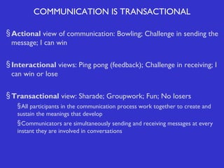 COMMUNICATION IS TRANSACTIONAL
§ Actional view of communication: Bowling; Challenge in sending the
message; I can win
§ Interactional views: Ping pong (feedback); Challenge in receiving; I
can win or lose
§ Transactional view: Sharade; Groupwork; Fun; No losers
§ All participants in the communication process work together to create and
sustain the meanings that develop
§ Communicators are simultaneously sending and receiving messages at every
instant they are involved in conversations

 