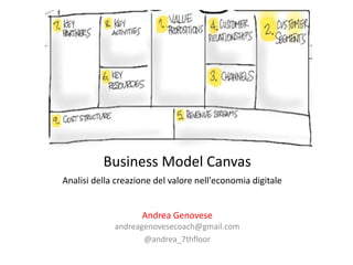 Business Model Canvas 
Analisi della creazione del valore nell'economia digitale 
Andrea Genovese 
andreagenovesecoach@gmail.com 
@andrea_7thfloor 
 