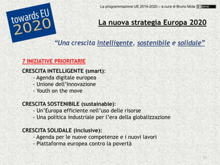 25
“Una crescita intelligente, sostenibile e solidale”
7 INIZIATIVE PRIORITARIE
CRESCITA INTELLIGENTE (smart):
- Agenda digitale europea
- Unione dell’Innovazione
- Youth on the move
CRESCITA SOSTENIBILE (sustainable):
- Un’Europa efficiente nell’uso delle risorse
- Una politica industriale per l’era della globalizzazione
CRESCITA SOLIDALE (inclusive):
- Agenda per le nuove competenze e i nuovi lavori
- Piattaforma europea contro la povertà
La nuova strategia Europa 2020
La programmazione UE 2014-2020 – a cura di Bruno Mola
 