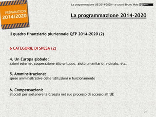 29
Il quadro finanziario pluriennale QFP 2014-2020 (2)
6 CATEGORIE DI SPESA (2)
4. Un Europa globale:
azioni esterne, cooperazione allo sviluppo, aiuto umanitario, vicinato, etc.
5. Amminsitrazione:
spese amminsitrative delle istituzioni e funzionamento
6. Compensazioni:
allocati per sostenere la Croazia nel suo processo di accesso all’UE
La programmazione 2014-2020
La programmazione UE 2014-2020 – a cura di Bruno Mola
 