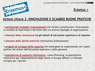 54
Azione chiave 2 –INNOVAZIONE E SCAMBIO BUONE PRATICHE
partenariati strategici transnazionali che mirano a promuovere l'innovazione,
lo scambio di esperienze e del know-how tra diverse tipologie di organizzazioni
alleanze della conoscenza tra gli istituti di istruzione superiore e le imprese
alleanze delle abilità settoriali (formazione professionale)
progetti di sviluppo delle capacità che sostengono la cooperazione con i paesi
partner nei settori dell'istruzione superiore e della gioventù
piattaforme di supporto informatico, come eTwinning, la piattaforma
elettronica per l'apprendimento degli adulti in Europa (EPALE) e il Portale
europeo per i giovani
Erasmus +
La programmazione UE 2014-2020 – a cura di Bruno Mola
 