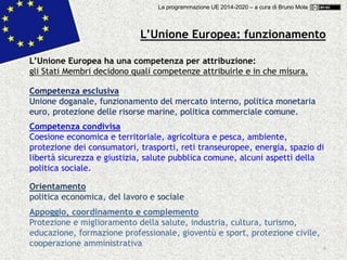 6
Competenza esclusiva
Unione doganale, funzionamento del mercato interno, politica monetaria
euro, protezione delle risorse marine, politica commerciale comune.
Competenza condivisa
Coesione economica e territoriale, agricoltura e pesca, ambiente,
protezione dei consumatori, trasporti, reti transeuropee, energia, spazio di
libertà sicurezza e giustizia, salute pubblica comune, alcuni aspetti della
politica sociale.
Orientamento
politica economica, del lavoro e sociale
Appoggio, coordinamento e complemento
Protezione e miglioramento della salute, industria, cultura, turismo,
educazione, formazione professionale, gioventù e sport, protezione civile,
cooperazione amministrativa
L’Unione Europea: funzionamento
La programmazione UE 2014-2020 – a cura di Bruno Mola
L’Unione Europea ha una competenza per attribuzione:
gli Stati Membri decidono quali competenze attribuirle e in che misura.
 