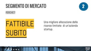 PERCHE’?
SEGMENT0 DI MERCATO 2
FATTIBILE
SUBITO
Una migliore allocazione delle
risorse limitate di un’azienda
startup.
 