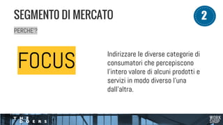 PERCHE’?
SEGMENT0 DI MERCATO 2
FOCUS
Indirizzare le diverse categorie di
consumatori che percepiscono
l'intero valore di alcuni prodotti e
servizi in modo diverso l'una
dall'altra.
 