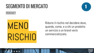 PERCHE’?
SEGMENT0 DI MERCATO 1
MENO
RISCHIO
Ridurre il rischio nel decidere dove,
quando, come, e a chi un prodotto
un servizio o un brand verrà
commercializzato.
 