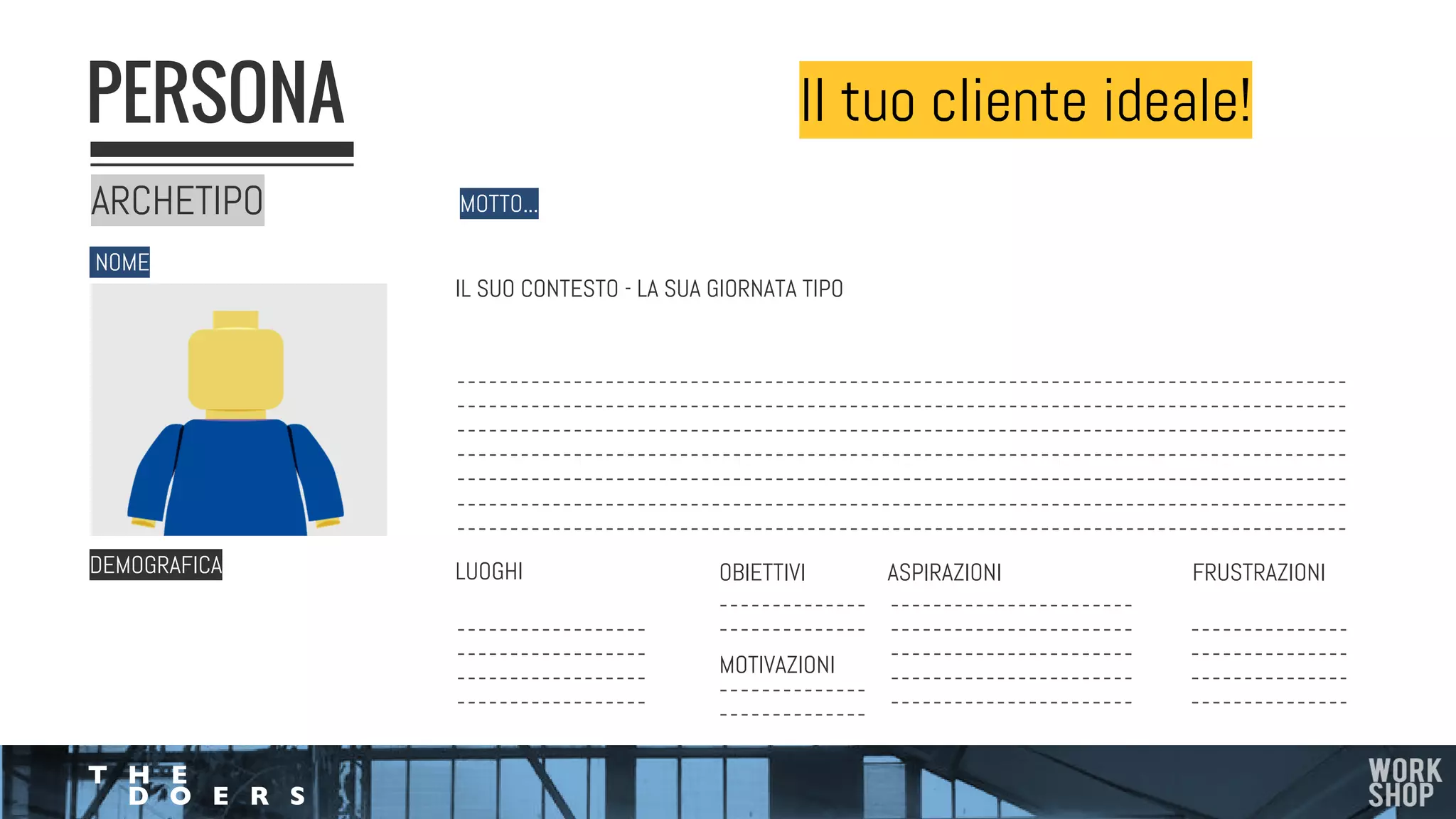 ARCHETIPO 
PERSONA
NOME 
MOTTO... 
IL SUO CONTESTO - LA SUA GIORNATA TIPO
DEMOGRAFICA LUOGHI OBIETTIVI
MOTIVAZIONI
ASPIRAZIONI FRUSTRAZIONI
Il tuo cliente ideale!
 