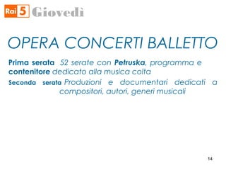 OPERA CONCERTI BALLETTO
Giovedì
Prima serata 52 serate con Petruska, programma e
contenitore dedicato alla musica colta
Seconda serata Produzioni e documentari dedicati a
compositori, autori, generi musicali
14
 