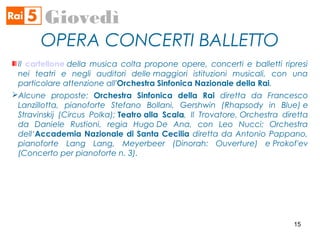 OPERA CONCERTI BALLETTO
Giovedì
Il cartellone della musica colta propone opere, concerti e balletti ripresi
nei teatri e negli auditori delle maggiori istituzioni musicali, con una
particolare attenzione all'Orchestra Sinfonica Nazionale della Rai.
Alcune proposte: Orchestra Sinfonica della Rai diretta da Francesco
Lanzillotta, pianoforte Stefano Bollani, Gershwin (Rhapsody in Blue) e
Stravinskij (Circus Polka); Teatro alla Scala, Il Trovatore, Orchestra diretta
da Daniele Rustioni, regia Hugo De Ana, con Leo Nucci; Orchestra
dell‘Accademia Nazionale di Santa Cecilia diretta da Antonio Pappano,
pianoforte Lang Lang, Meyerbeer (Dinorah: Ouverture) e Prokof'ev
(Concerto per pianoforte n. 3).
15
 
