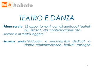 TEATRO E DANZA
Sabato
Prima serata 52 appuntamenti con gli spettacoli teatrali
più recenti, dai contemporanei alla
ricerca e al teatro leggero
Seconda serata Produzioni e documentari dedicati a
danza contemporanea, festival, rassegne
18
 