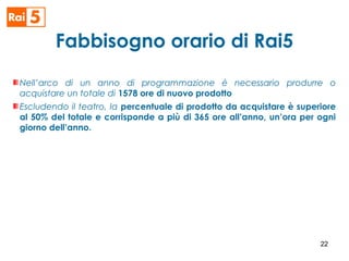 Fabbisogno orario di Rai5
Nell’arco di un anno di programmazione è necessario produrre o
acquistare un totale di 1578 ore di nuovo prodotto
Escludendo il teatro, la percentuale di prodotto da acquistare è superiore
al 50% del totale e corrisponde a più di 365 ore all’anno, un’ora per ogni
giorno dell’anno.
22
 