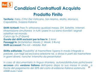 Condizioni Contrattuali Acquisto
Prodotto Finito
Territorio: Italia, Citta' Del Vaticano, San Marino, Malta, Monaco,
Capodistria, Svizzera Italiana
Diritti richiesti: Free Tv attraverso qualsiasi mezzo, Dtt, Satellite, Internet,
ritrasmissione simultanea in tutti i paesi in cui siano ricevibili i segnali
satellitari nel mondo
Catch Up Tv (7 Giorni)
Durata dei diritti esclusivi per la free tv: 3 Anni
Passaggi tv: 24 Exhibition Weeks (1 Week: 5 Runs)
Diritti accessori: Pre-roll – Middle- Roll
 
Diritto editoriale: Possibilita' di trasmettere l'opera in modo integrale o
parziale, con tagli ad esclusiva selezione rai, o divisa in parti da trasmettere
in giorni diversi, nonche' interrotta da presentatori
 
in caso di documentario in lingua straniera, autore/distributore potra'avere
accesso alla versione italiana dell'opera dopo la sua messa in onda , a
fronte del pagamento del 50% del costo di edizione italiana sostenuta
(2500 euro l’ora)
31
 