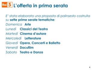 E’ stata elaborata una proposta di palinsesto costruita
su sette prime serate tematiche:
Domenica Arte
Lunedì Classici del Teatro
Martedì Cinema d’autore
Mercoledì Letterature
Giovedì Opera, Concerti e Balletto
Venerdì Docufilm
Sabato Teatro e Danza
L’offerta in prima serata
4
 