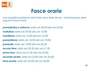 Fasce orarie
Una possibile ripartizione dell’intero arco delle 24 ore - individuazione delle
seguenti fasce orarie:
premattutina o notturna: dalle ore 02,00 alle ore 07,00;
mattutina: dalle ore 07,00 alle ore 12,00;
meridiana: dalle ore 12,00 alle ore 14,00;
pomeridiana: dalle ore 14,00 alle ore 19,00;
preserale: dalle ore 19,00 alle ore 20,30;
access time: dalle ore 20,30 alle ore 21 30;
prime time: dalle ore 21,30 alle ore 23,00;
seconda serata: dalle ore 23,00 alle ore 24,00;
terza serata: dalle ore 24,00 alle ore 02,00
42
 