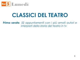 CLASSICI DEL TEATRO
Lunedì
Prima serata 52 appuntamenti con i più amati autori e
interpreti della storia del teatro in tv
8
 