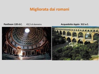 Migliorata dai romani

Pantheon 120 d.C.

43,5 di diametro

Acquedotto Appio 312 a.C.

 