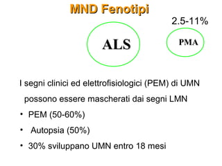 MND FenotipiMND Fenotipi
ALSALS PMAPMA
I segni clinici ed elettrofisiologici (PEM) di UMN
possono essere mascherati dai segni LMN
• PEM (50-60%)
• Autopsia (50%)
• 30% sviluppano UMN entro 18 mesi
2.5-11%