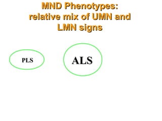 MND Phenotypes:MND Phenotypes:
relative mix of UMN andrelative mix of UMN and
LMN signsLMN signs
ALSALSPLSPLS