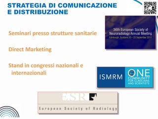 STRATEGIA DI COMUNICAZIONE
E DISTRIBUZIONE
Seminari presso strutture sanitarie
Direct Marketing
Stand in congressi nazionali e
internazionali
 
