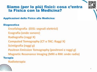4
Siamo (per lo più) fisici: cosa c’entra
la Fisica con la Medicina?
Applicazioni della Fisica alla Medicina:
Diagnostica
Encefalografia (EEG: segnali elettrici)
Ecografia (onde sonore)
Radiografia (raggi X)
Computed Tomography (CT o TAC: Raggi X)
Scintigrafia (raggi g)
Positron Emission Tomography (positroni e raggi g)
Magnetic Resonance Imaging (MRI o RM: onde radio)
Terapia
Radioterapia
 