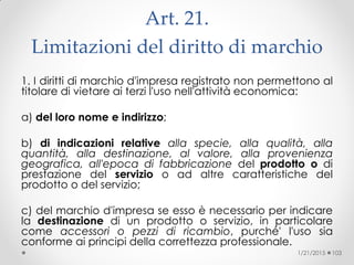 Art. 21.
Limitazioni del diritto di marchio
1. I diritti di marchio d'impresa registrato non permettono al
titolare di vietare ai terzi l'uso nell'attività economica:
a) del loro nome e indirizzo;
b) di indicazioni relative alla specie, alla qualità, alla
quantità, alla destinazione, al valore, alla provenienza
geografica, all'epoca di fabbricazione del prodotto o di
prestazione del servizio o ad altre caratteristiche del
prodotto o del servizio;
c) del marchio d'impresa se esso è necessario per indicare
la destinazione di un prodotto o servizio, in particolare
come accessori o pezzi di ricambio, purché' l'uso sia
conforme ai principi della correttezza professionale.
1/21/2015 103
 