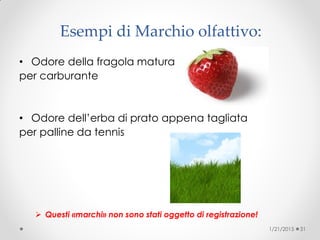 • Odore della fragola matura
per carburante
• Odore dell’erba di prato appena tagliata
per palline da tennis
 Questi «marchi» non sono stati oggetto di registrazione!
1/21/2015 31
Esempi di Marchio olfattivo:
 