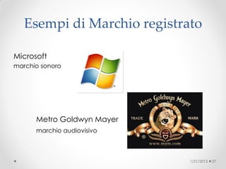 Esempi di Marchio registrato
Microsoft
marchio sonoro
Metro Goldwyn Mayer
marchio audiovisivo
1/21/2015 37
 