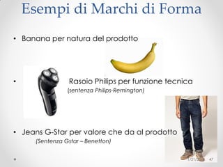 Esempi di Marchi di Forma
• Banana per natura del prodotto
• Rasoio Philips per funzione tecnica
(sentenza Philips-Remington)
• Jeans G-Star per valore che da al prodotto
(Sentenza Gstar – Benetton)
1/21/2015 47
 