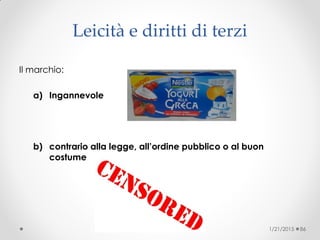 Il marchio:
a) Ingannevole
b) contrario alla legge, all’ordine pubblico o al buon
costume
1/21/2015 86
Leicità e diritti di terzi
 