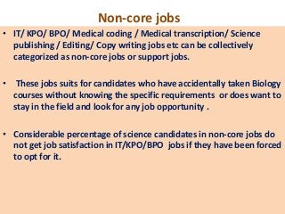 Non-core jobs
• IT/ KPO/ BPO/ Medical coding / Medical transcription/ Science
  publishing / Editing/ Copy writing jobs etc can be collectively
  categorized as non-core jobs or support jobs.

• These jobs suits for candidates who have accidentally taken Biology
  courses without knowing the specific requirements or does want to
  stay in the field and look for any job opportunity .

• Considerable percentage of science candidates in non-core jobs do
  not get job satisfaction in IT/KPO/BPO jobs if they have been forced
  to opt for it.
 