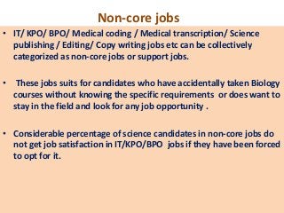 Non-core jobs
• IT/ KPO/ BPO/ Medical coding / Medical transcription/ Science
  publishing / Editing/ Copy writing jobs et...