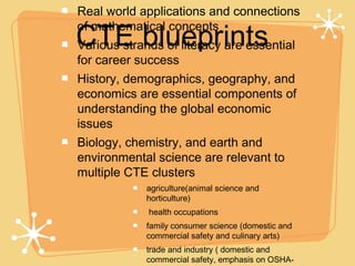 Real world applications and connections

CTE blueprints
of mathematical concepts
Various strands of literacy are essential
for career success
History, demographics, geography, and
economics are essential components of
understanding the global economic
issues
Biology, chemistry, and earth and
environmental science are relevant to
multiple CTE clusters
             agriculture(animal science and
             horticulture)
             health occupations
             family consumer science (domestic and
             commercial safety and culinary arts)
             trade and industry ( domestic and
             commercial safety, emphasis on OSHA-
 
