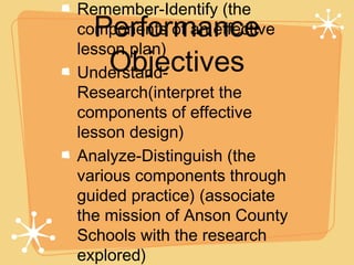 Remember-Identify (the
  Performance
components of an effective
lesson plan)
   Objectives
Understand-
Research(interpret the
components of effective
lesson design)
Analyze-Distinguish (the
various components through
guided practice) (associate
the mission of Anson County
Schools with the research
explored)
 