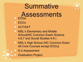 Summative
  Assessments
EOGs
EOCs
ACT/SAT
MSL’s Elementary and Middle
School(NC Common Exam Science
4,6,7 and Social Studies 4-8 )
MSL’s High School (NC Common Exam
All Core Courses except EOCs)
K-2 Assessment
Graduation Project
 