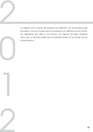 Jean-Francis Pécresse
Propriétaire du Château Canon Pécresse,
Canon Fronsac


2012, millésime darwinien


Au château Canon Pécresse, l’année 2012 a été celle d’une intense sélection
naturelle. Marqué, du tout début à l’extrême fin, par un profil climatique en dents
de scie, alternant de grandes périodes d’humidité et de fraîcheur puis de longs
cycles de chaleur et de sécheresse, ce millésime a été éprouvant pour la vigne
comme pour le vigneron. Soumise à rude épreuve - même si la maladie, qui guettait
à chaque tournant climatique, l’a épargnée -, la plante a été sans cesse contrainte
de s’adapter à un environnement en changement perpétuel. L’atteste la modestie
quasi historique des volumes récoltés en 2012 : 25 hl par hectare ! Ce tout petit
rendement est l’heureux résultat d’un processus darwinien. «Les espèces qui
survivent ne sont pas les espèces les plus intelligentes, mais celles qui s’adaptent le
mieux aux changements», disait Charles Darwin. Les baies les plus fragiles ont été
naturellement éliminées et, à l’arrivée, ne sont restées que les plus résistantes, mais
les meilleures aussi, des raisins remarquablement constitués. Ayant capté pour eux
seuls l’énergie de la vigne, s’améliorant au fil du temps, ces raisins se sont révélés
étonnamment concentrés, donnant à ce millésime une substance inattendue.


Mars 2013




                                                                                          29
 