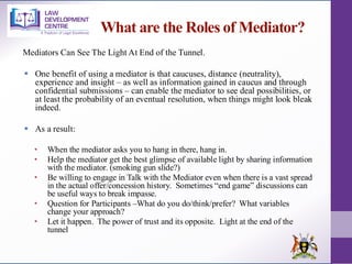 What are the Roles of Mediator?
Mediators Can See The Light At End of the Tunnel.
▪ One benefit of using a mediator is that caucuses, distance (neutrality),
experience and insight – as well as information gained in caucus and through
confidential submissions – can enable the mediator to see deal possibilities, or
at least the probability of an eventual resolution, when things might look bleak
indeed.
▪ As a result:
• When the mediator asks you to hang in there, hang in.
• Help the mediator get the best glimpse of available light by sharing information
with the mediator. (smoking gun slide?)
• Be willing to engage in Talk with the Mediator even when there is a vast spread
in the actual offer/concession history. Sometimes “end game” discussions can
be useful ways to break impasse.
• Question for Participants –What do you do/think/prefer? What variables
change your approach?
• Let it happen. The power of trust and its opposite. Light at the end of the
tunnel
 