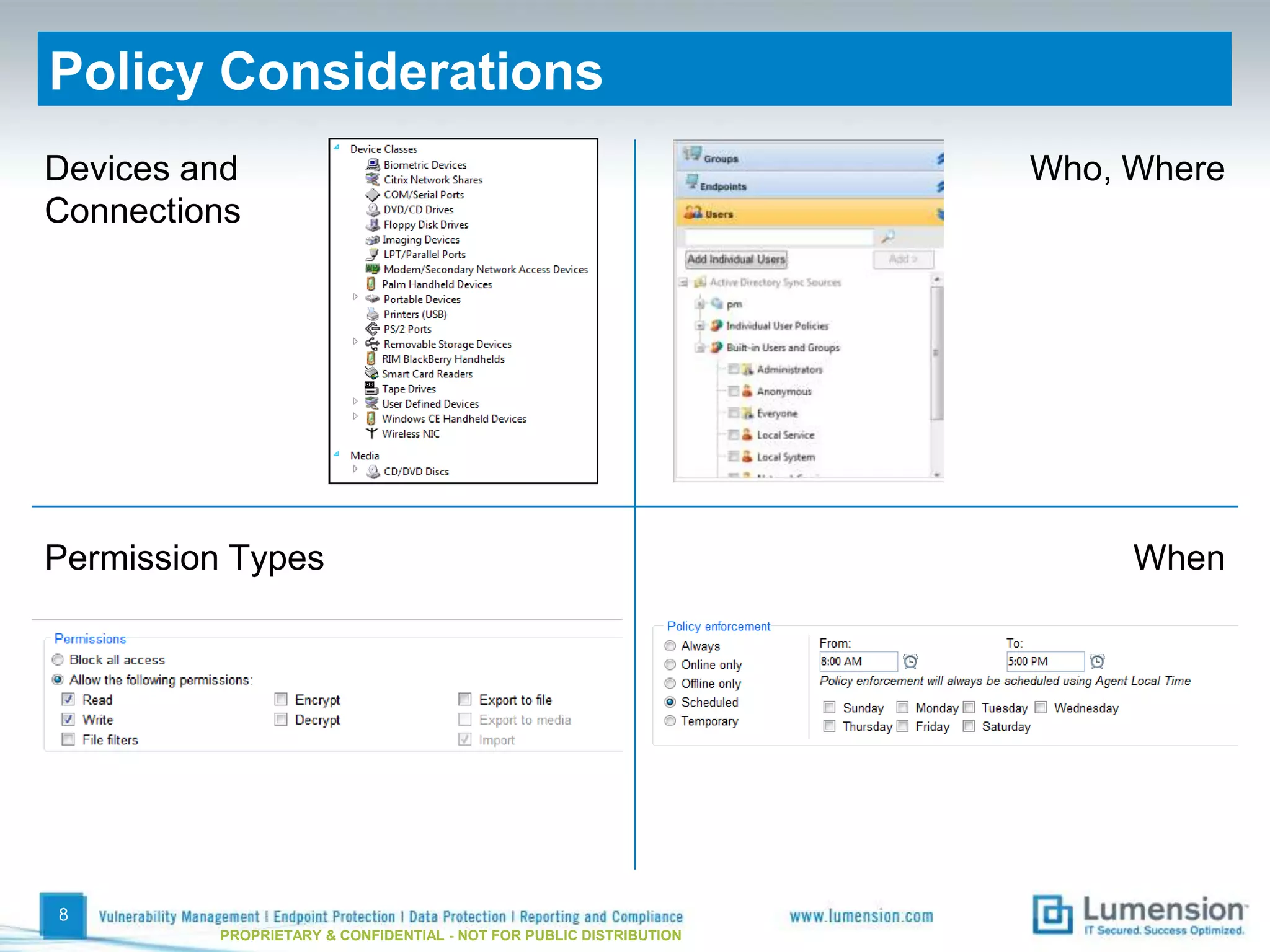 Policy Considerations
Devices and                                                          Who, Where
Connections




Permission Types                                                          When




8
          PROPRIETARY & CONFIDENTIAL - NOT FOR PUBLIC DISTRIBUTION
 
