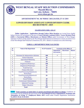 LDA 15 Page 1
WEST BENGAL STAFF SELECTION COMMISSION
Mayukh Bhavan,
Salt Lake, Kolkata – 700091
www.wbssc.gov.in
ADVERTISEMENT NO. 06/ WBSSC/ 2015, DATED, 27/ 11/ 2015
LOWER DIVISION ASSISTANT/ LOWER DIVISION CLERK
RECRUITMENT - 2015
EXAMINATION CODE: LDA 15
Online Applications / Applications through Tathya Mitra Kendras are invited from eligible
Indian Citizens for recruitment to the post of Lower Division Assistant (LDA) / Lower Division Clerk
(LDC) in Secretariat Offices, Directorates and District Offices under Government of West Bengal,
selection of which will be made by the West Bengal Staff Selection Commission in terms of section 6 (1)
of the West Bengal Staff Selection Commission Act, 2011. Details of vacancies are as the following:-
TABLE: I - DEPARTMENT WISE VACANCIES
Sl.
No.
Name of the Department No of Vacancies Vacancies at the offices of
Department
(Secretariat)
Directorate District
1 Personnel & Administrative Reforms 300 
2. School Education 36 
3. Agricultural Marketing 05 
4. Fisheries 10 
5. Irrigation & Waterways 100 
6. Irrigation & Waterways 10 
7. Youth Services 25 
8. Finance (Revenue) 07 
9. Food Processing Industries &
Horticulture
04 
10. Food Processing Industries &
Horticulture
26 
11. Social Welfare 49 
12. Correctional Administration 05 
13. Industrial Training 02 
14. Higher Education 20 
Total 599
NOTE: Total vacancies as stated above is purely provisional and subject to change. Conditions of
recruitment will be guided by the provisions of the West Bengal Services (Appointment, Probation and
Absorption of Group ‘C’ Employees) Rules, 2013 issued under Finance Department Notification
No.1832-F (P) dt. 01.03.2013.
 