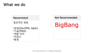 © 2018, Amazon Web Services, Inc. or Its Affiliates. All rights reserved.
What we do
Recommend
점진적인 변화
•문화(DevOPS, Agile)
•기술(MSA)
•개발 언어
•저장소
•환경
Not Recommended
BigBang
 