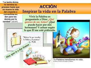 Hay que ir a dar frutos
ACCIÓNACCIÓN
Inspirar la vida en la Palabra
ACCIÓNACCIÓN
Inspirar la vida en la Palabra
Vivir la Palabra es
preguntarle a Dios: ¿Qué
quieres de mí, Señor? ¿Qué
puedo hacer por mis
hermanos? Y actuar según
lo que Él me esté pidiendo.
“La lectio divina
no termina su
proceso hasta que
no mueve la vida
del creyente a
convertirse en
don para los
demás por la
caridad” (VD 87)
 
