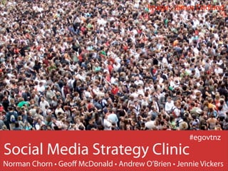 Image : James Cridland
Norman Chorn • Geoﬀ McDonald • Andrew O’Brien • Jennie Vickers
Social Media Strategy Clinic
#egovtnz
 